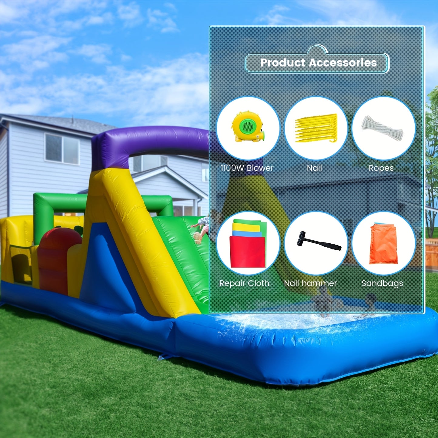 Inflatable Bounce House with 1100W Blower, Colorful Outdoor Play Castle Featuring Dual Crawl Tunnels, Large Slide, Climbing Obstacles, And Jumping Fun for Birthday Parties &
