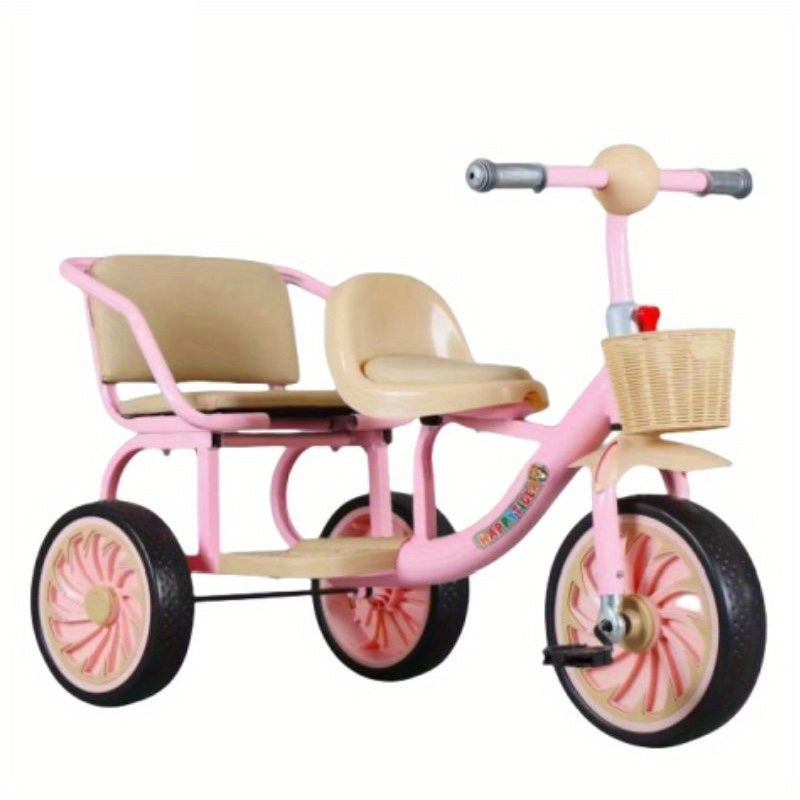 Children's Double Tricycle with Passenger Seat and Storage Basket, Non-Slip Pedal Bike for