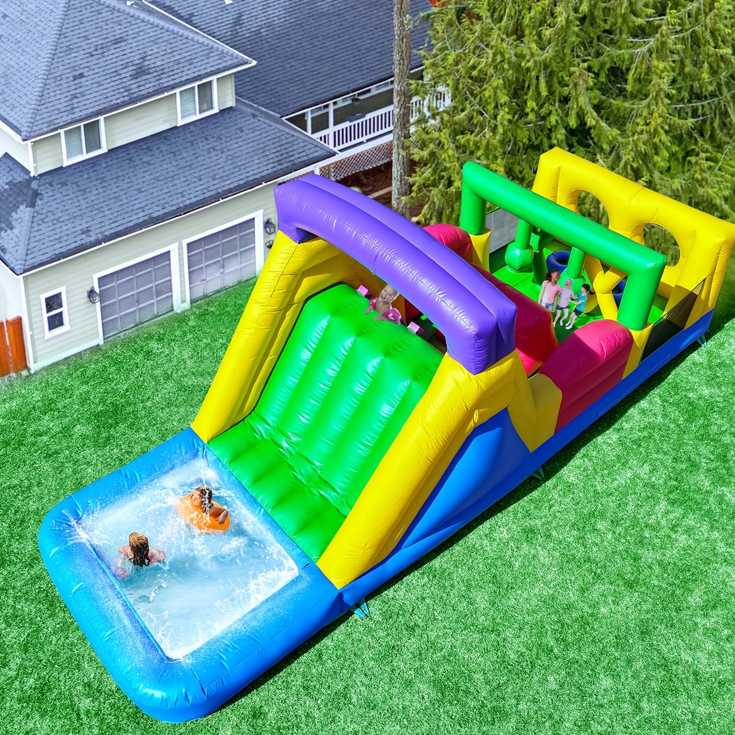 Inflatable Bounce House with 1100W Blower, Colorful Outdoor Play Castle Featuring Dual Crawl Tunnels, Large Slide, Climbing Obstacles, And Jumping Fun for Birthday Parties &