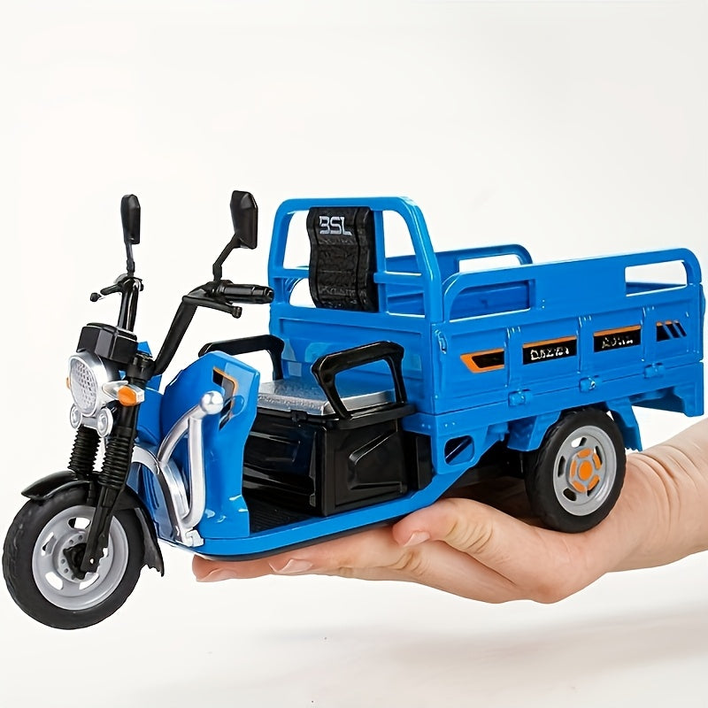 1:12 Scale Diecast Tricycle Cargo Truck Model, Metal Construction, with Sound & Light Features, Collectible Toy Vehicle with Storage Seat,
