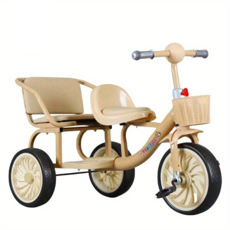 Children's Double Tricycle with Passenger Seat and Storage Basket, Non-Slip Pedal Bike for