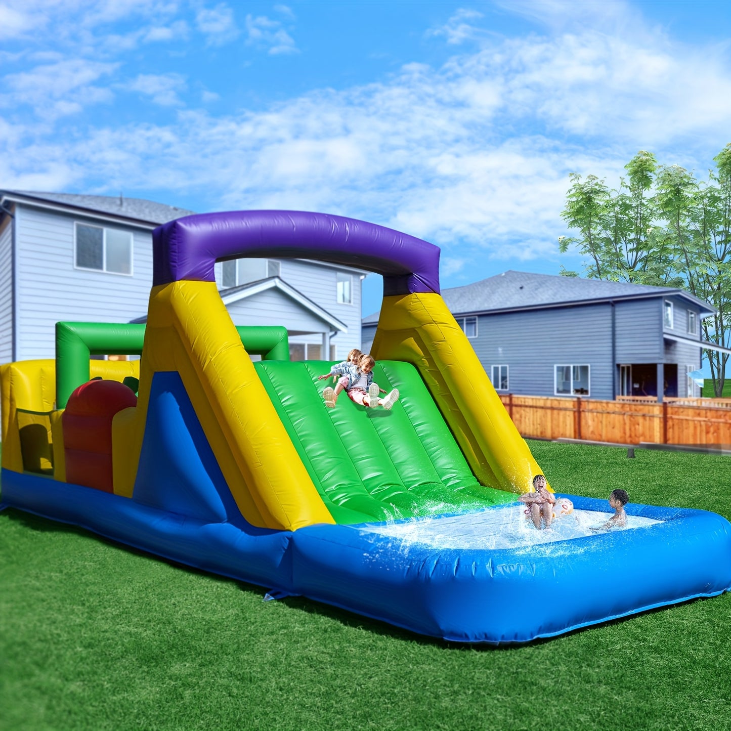 Inflatable Bounce House with 1100W Blower, Colorful Outdoor Play Castle Featuring Dual Crawl Tunnels, Large Slide, Climbing Obstacles, And Jumping Fun for Birthday Parties &