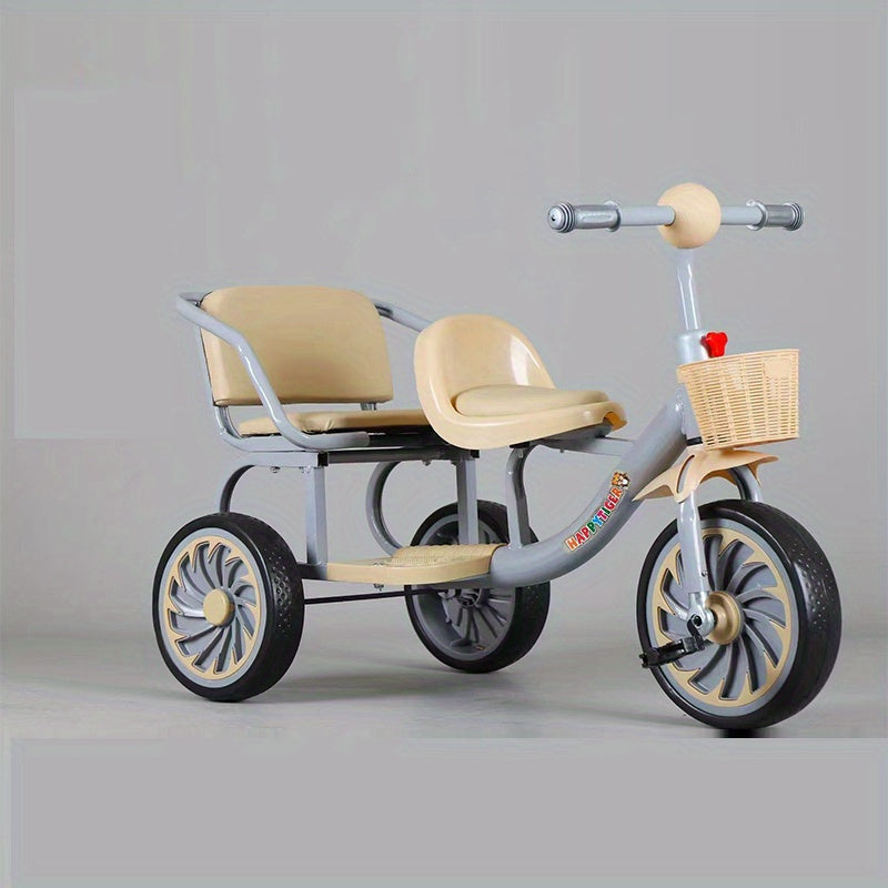 Children's Double Tricycle with Passenger Seat and Storage Basket, Non-Slip Pedal Bike for