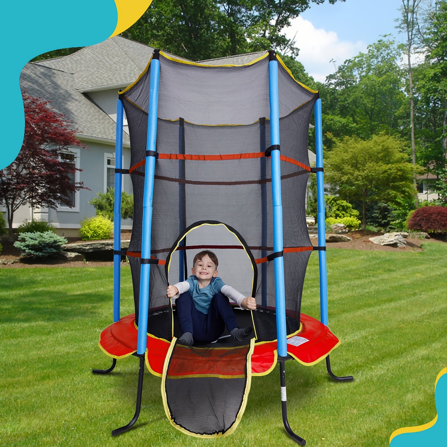 55 Inch Mini Trampoline for Kids with Enclosure - Indoor Trampoline for Toddlers with Protective Net and Safety Pad - Double-Sided Zipper