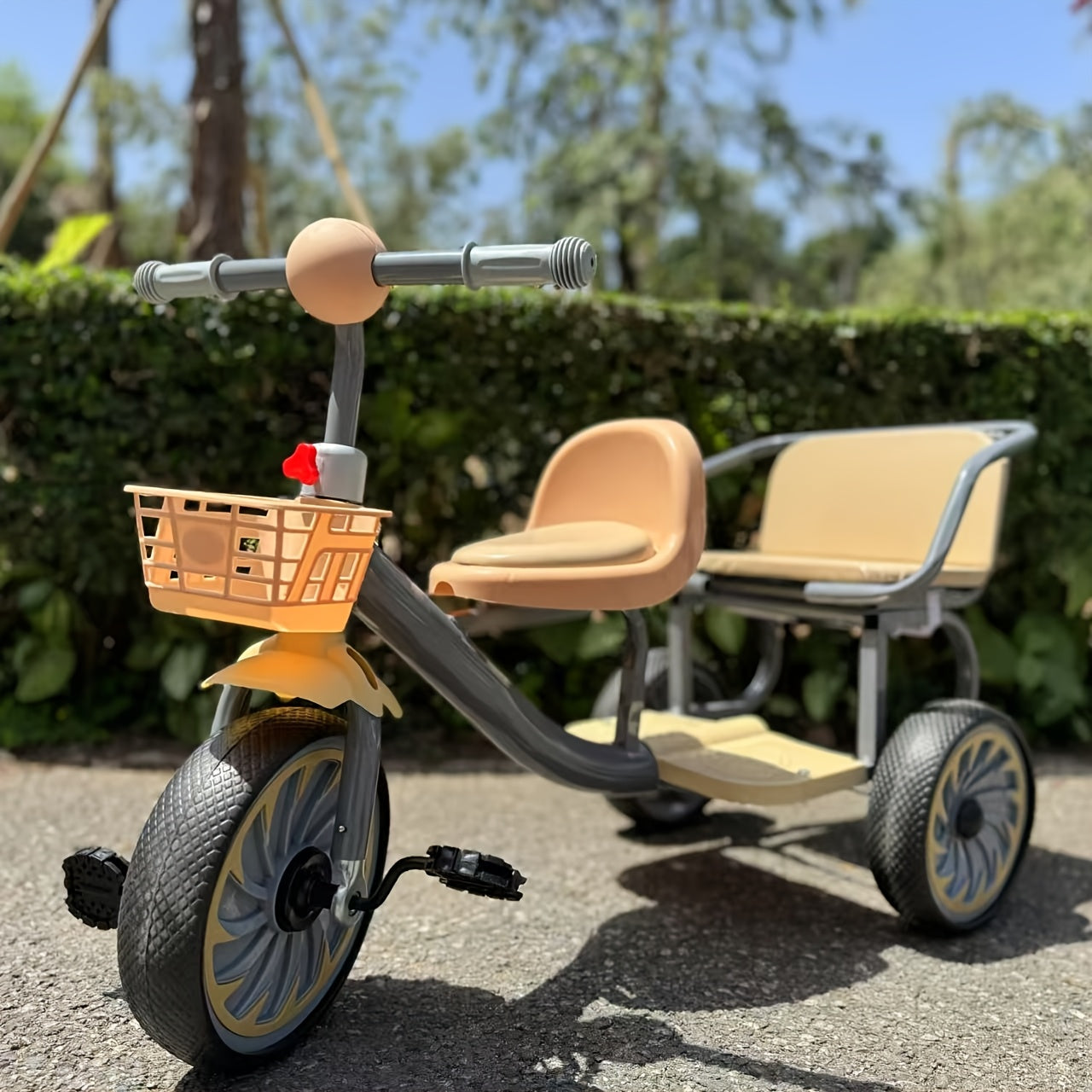 Children's Double Tricycle with Passenger Seat and Storage Basket, Non-Slip Pedal Bike for