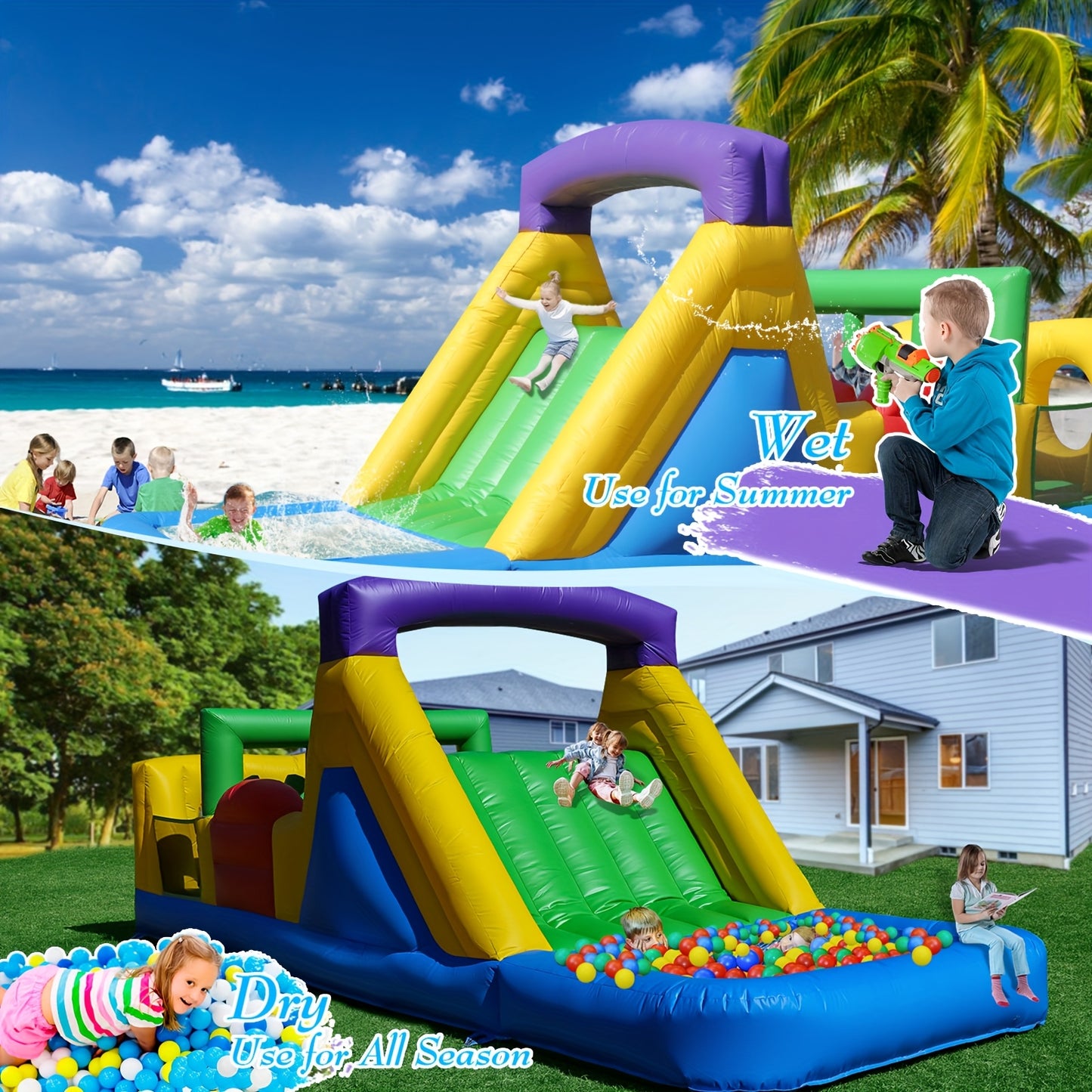 Inflatable Bounce House with 1100W Blower, Colorful Outdoor Play Castle Featuring Dual Crawl Tunnels, Large Slide, Climbing Obstacles, And Jumping Fun for Birthday Parties &