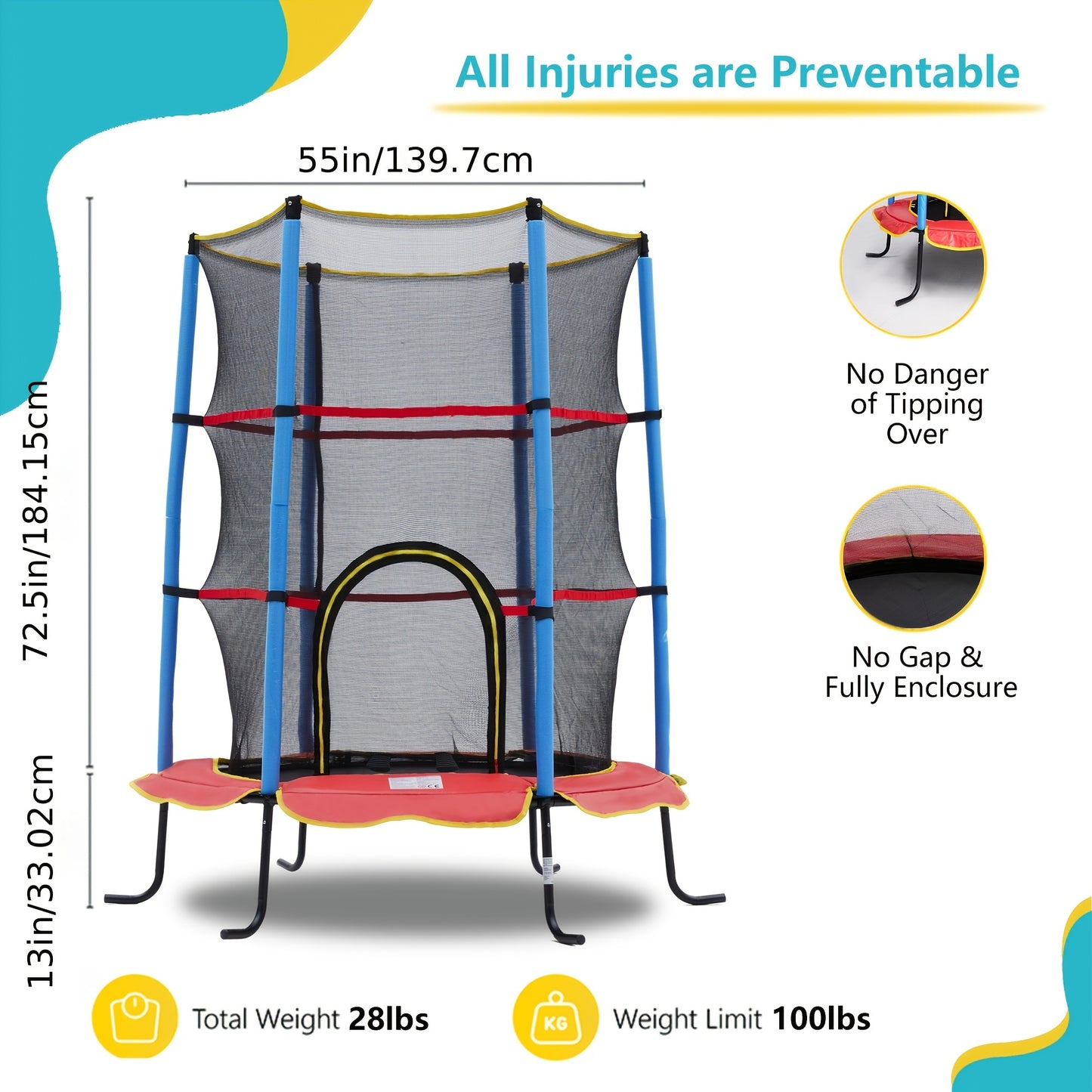 55 Inch Mini Trampoline for Kids with Enclosure - Indoor Trampoline for Toddlers with Protective Net and Safety Pad - Double-Sided Zipper