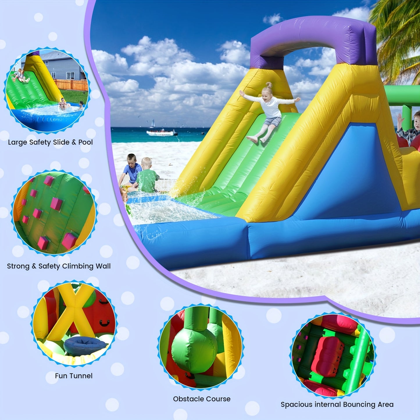 Inflatable Bounce House with 1100W Blower, Colorful Outdoor Play Castle Featuring Dual Crawl Tunnels, Large Slide, Climbing Obstacles, And Jumping Fun for Birthday Parties &
