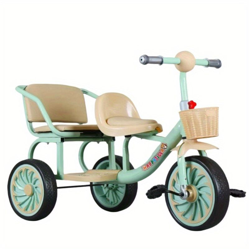 Children's Double Tricycle with Passenger Seat and Storage Basket, Non-Slip Pedal Bike for