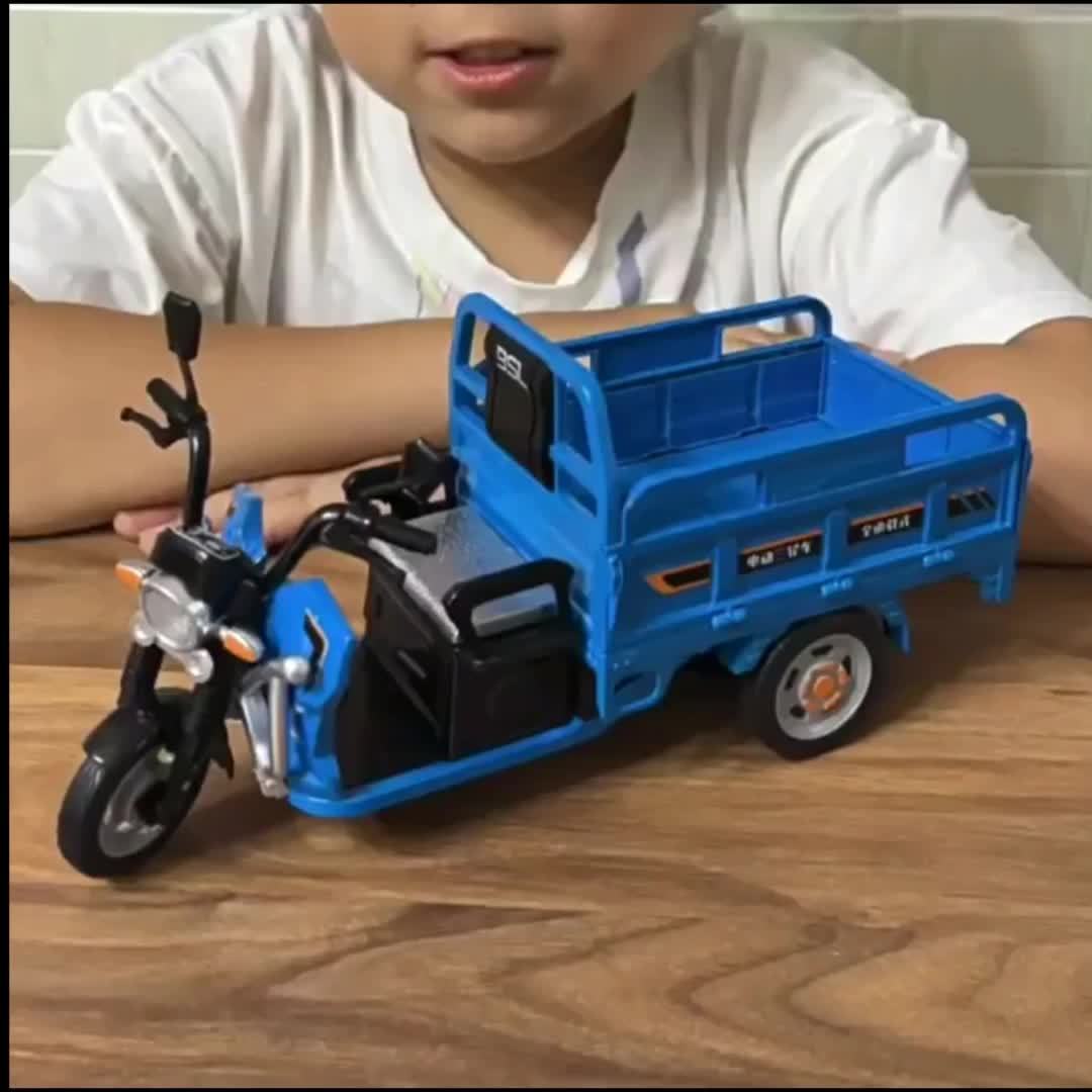 1:12 Scale Diecast Tricycle Cargo Truck Model, Metal Construction, with Sound & Light Features, Collectible Toy Vehicle with Storage Seat,