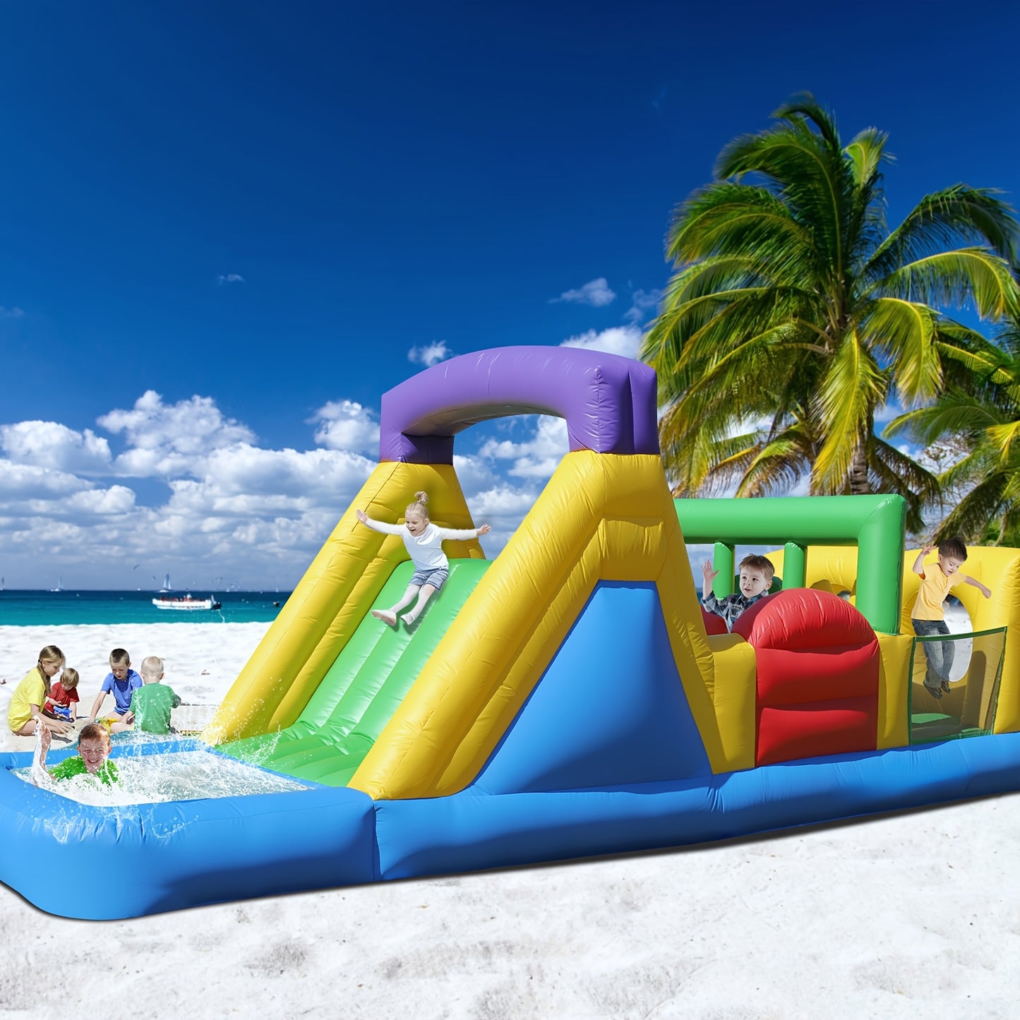 Inflatable Bounce House with 1100W Blower, Colorful Outdoor Play Castle Featuring Dual Crawl Tunnels, Large Slide, Climbing Obstacles, And Jumping Fun for Birthday Parties &