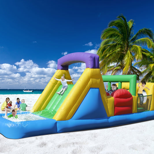 Inflatable Bounce House with 1100W Blower, Colorful Outdoor Play Castle Featuring Dual Crawl Tunnels, Large Slide, Climbing Obstacles, And Jumping Fun for Birthday Parties &