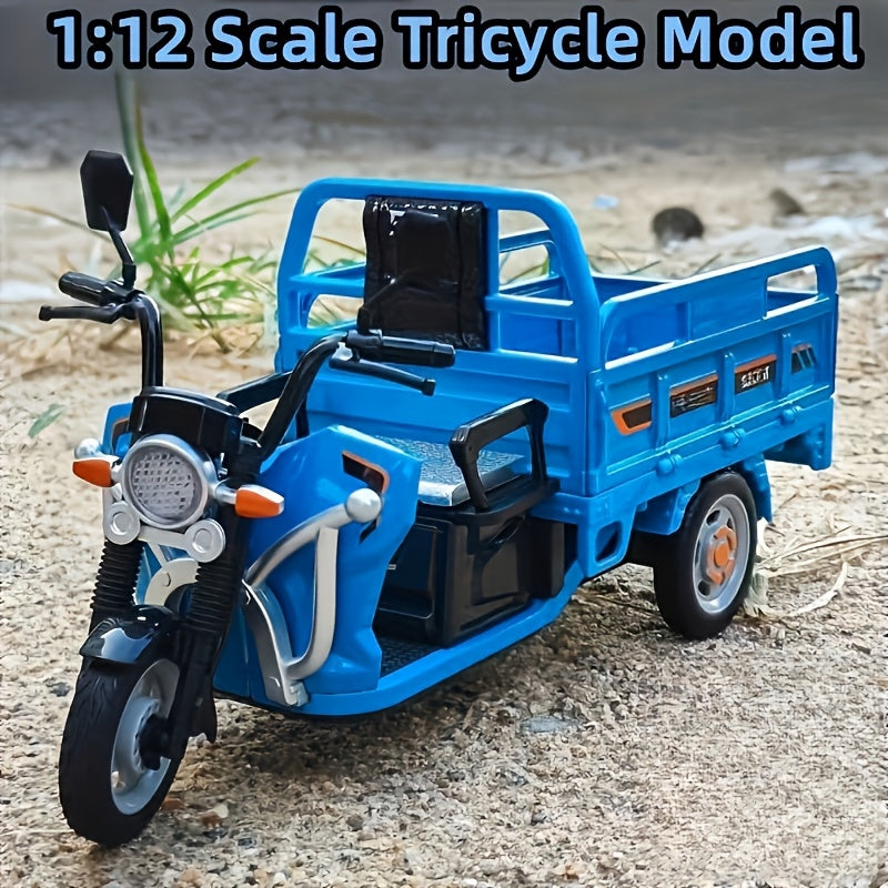 1:12 Scale Diecast Tricycle Cargo Truck Model, Metal Construction, with Sound & Light Features, Collectible Toy Vehicle with Storage Seat,