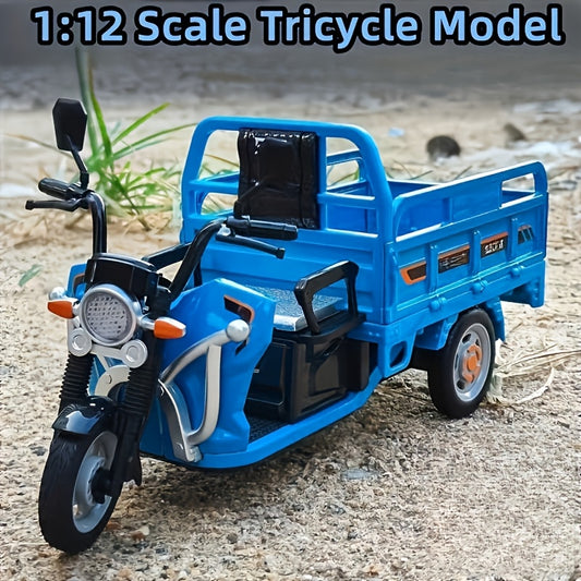 1:12 Scale Diecast Tricycle Cargo Truck Model, Metal Construction, with Sound & Light Features, Collectible Toy Vehicle with Storage Seat,