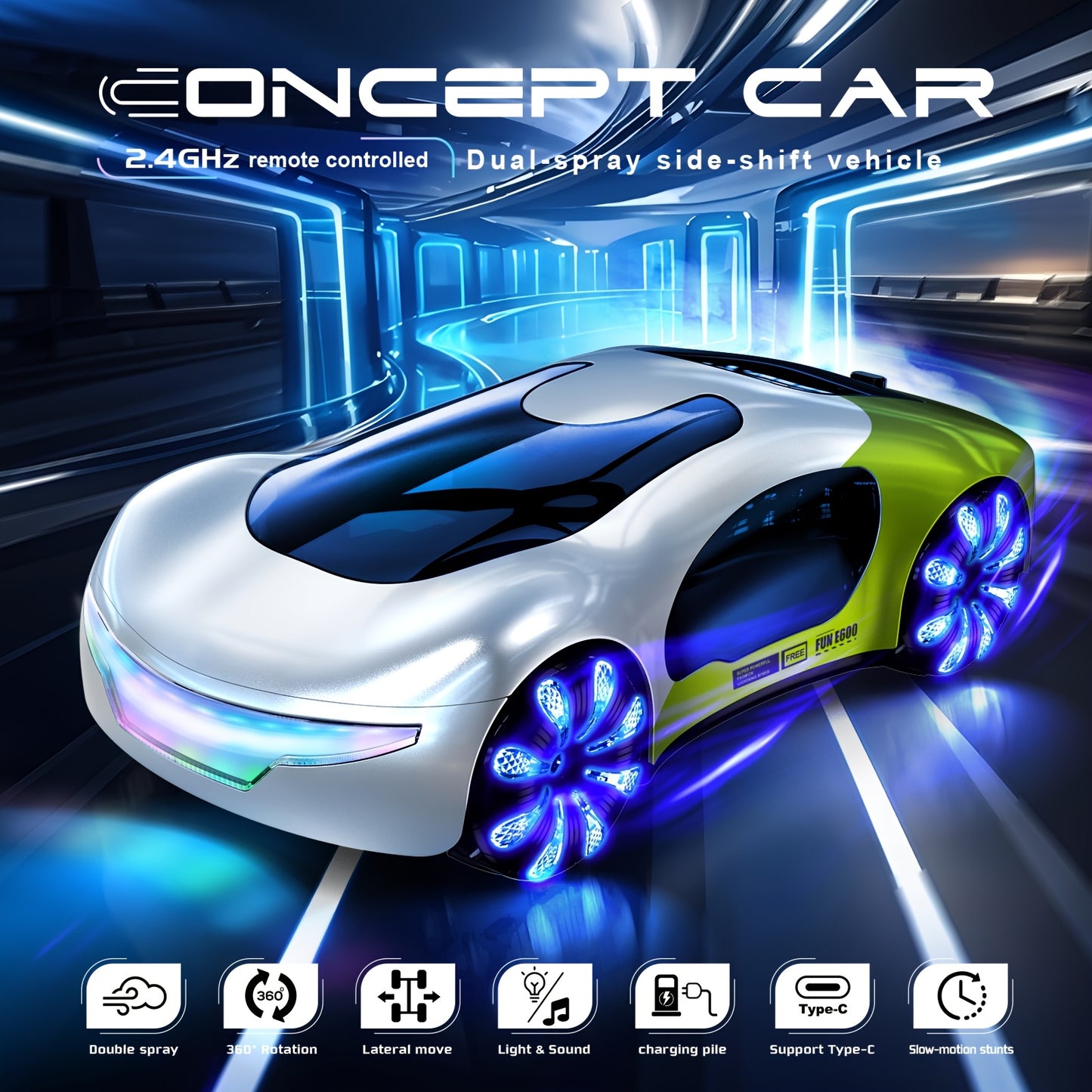 2.4GHz Wireless Gesture Control Drift Car with LED Lights & Music, 360° Rotating & Lateral Drift, USB Rechargeable Battery-Powered Remote Control Toy Car for Boys &