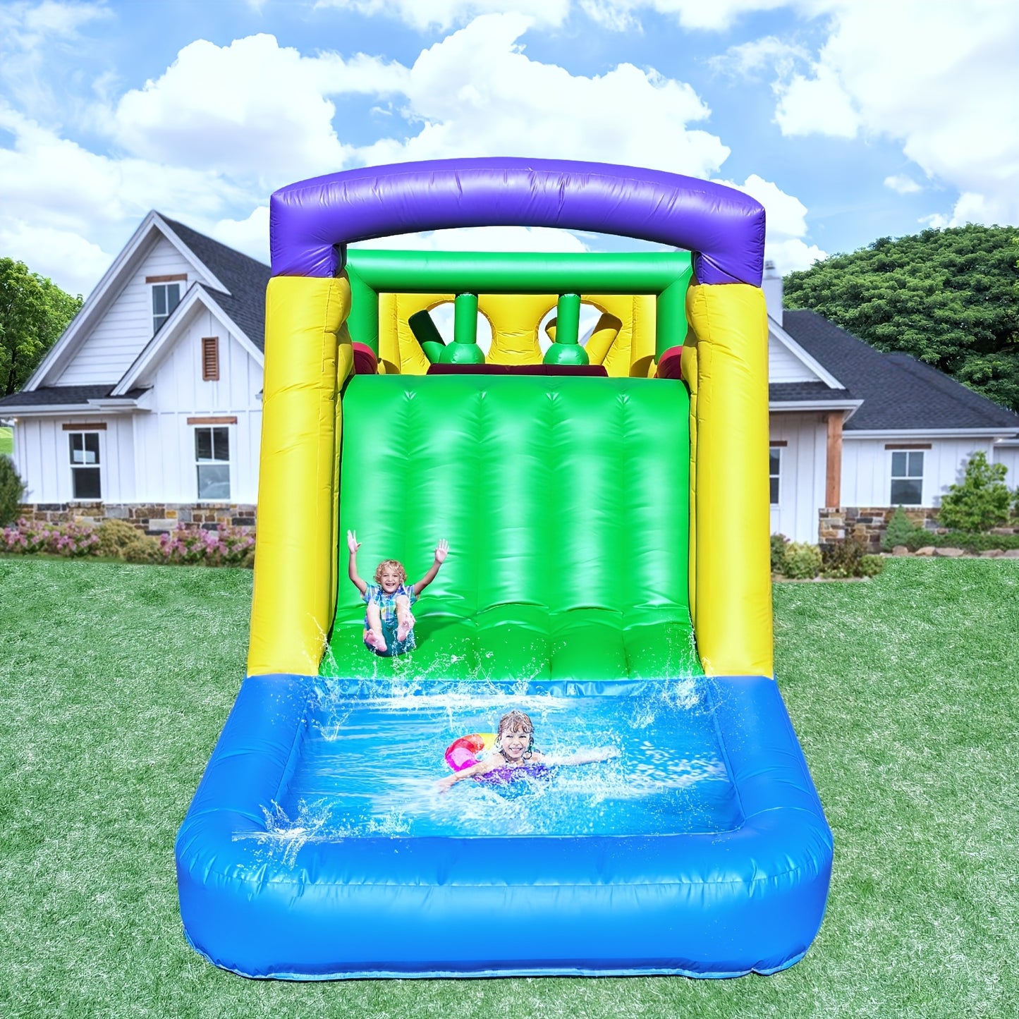 Inflatable Bounce House with 1100W Blower, Colorful Outdoor Play Castle Featuring Dual Crawl Tunnels, Large Slide, Climbing Obstacles, And Jumping Fun for Birthday Parties &