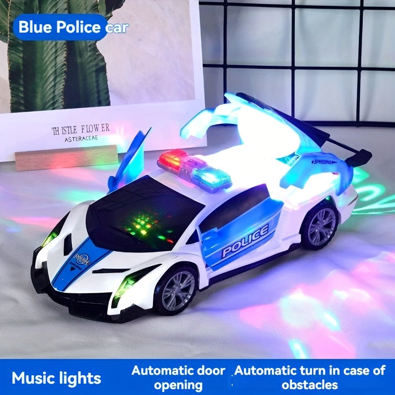 Rotating Police Car Toy, 360°, Blue, with Music and Cool Light, Mixed Color, Plastic, Battery Not Included, for Kids
