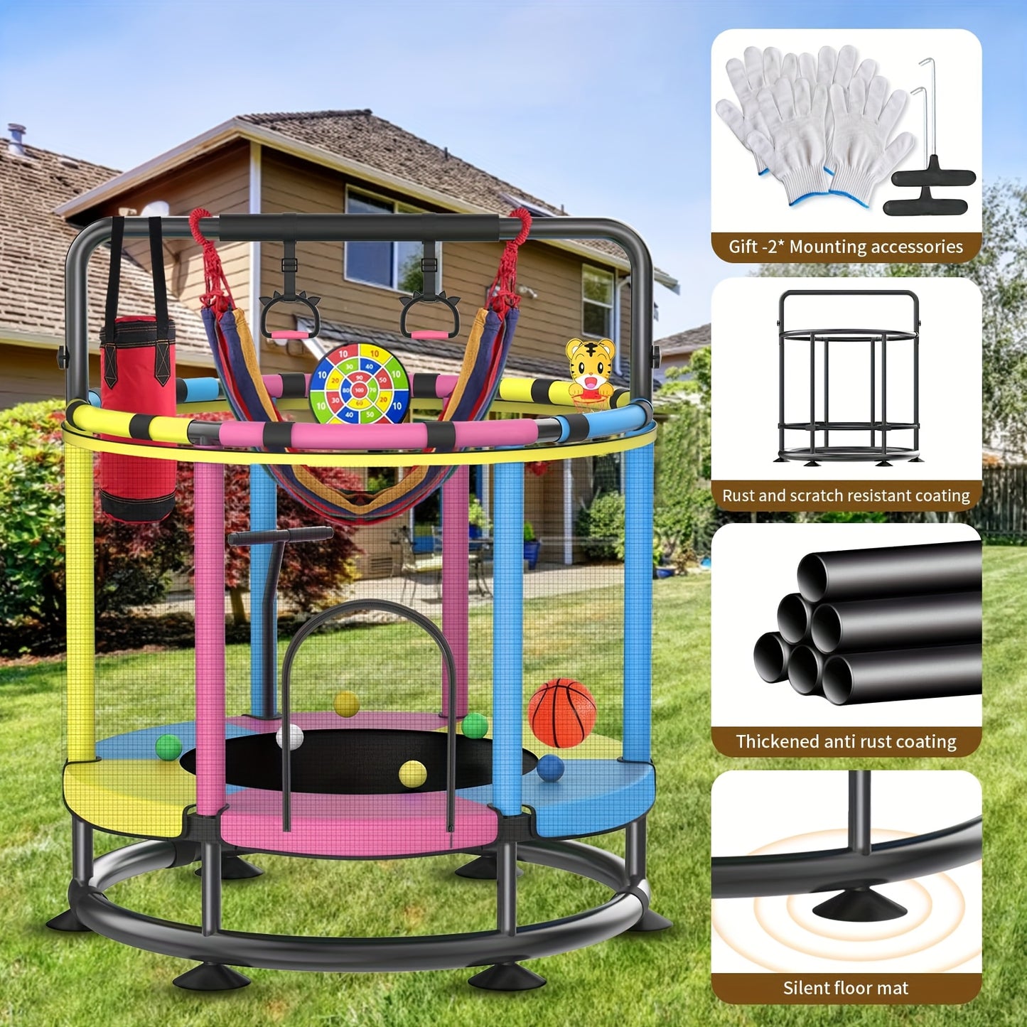 Adjustable 440lbs Capacity Indoor\u002FOutdoor Trampoline with Mesh Backrest and Safety Features, Stainless Steel Frame - Ideal for Sports Activities and Home Use