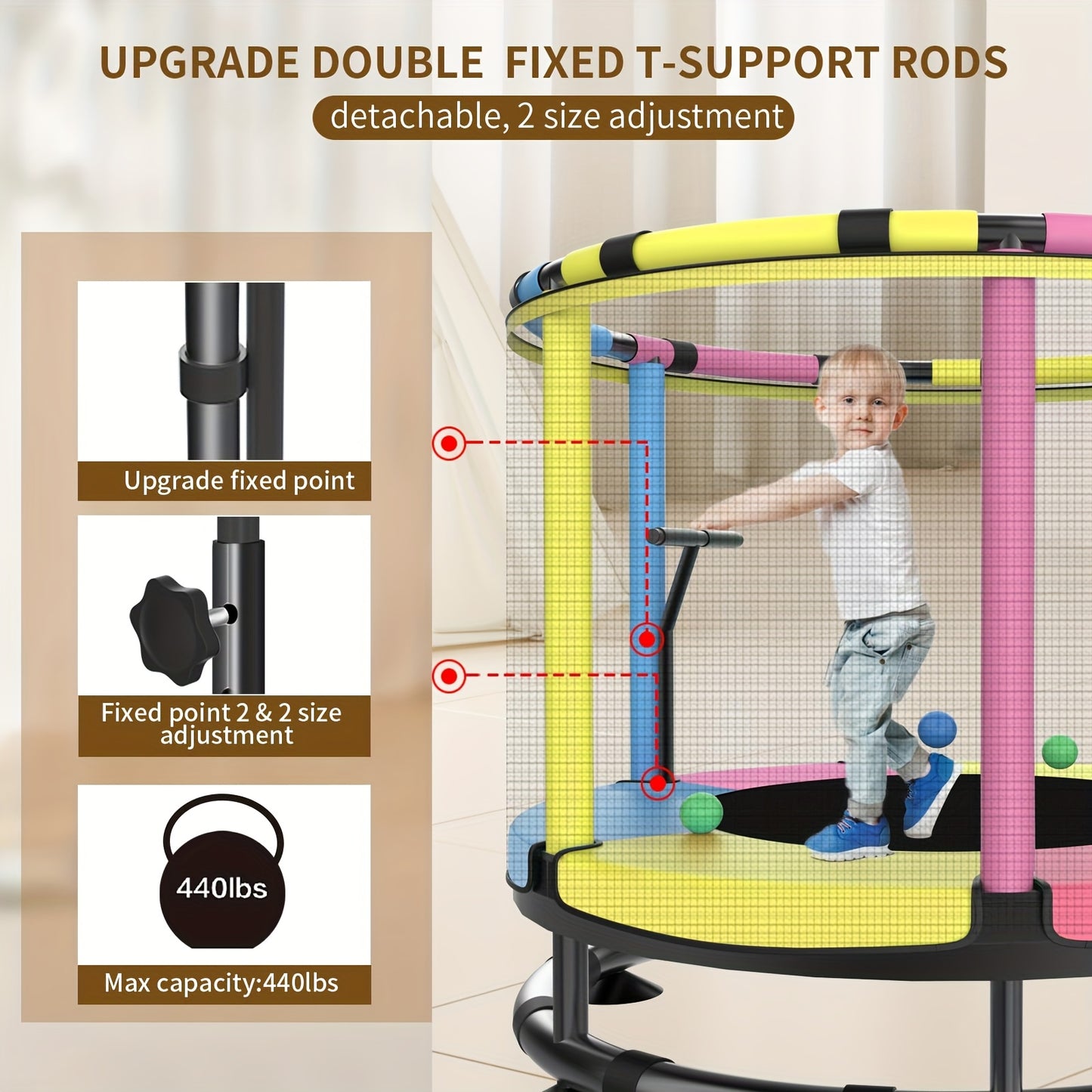 Adjustable 440lbs Capacity Indoor\u002FOutdoor Trampoline with Mesh Backrest and Safety Features, Stainless Steel Frame - Ideal for Sports Activities and Home Use