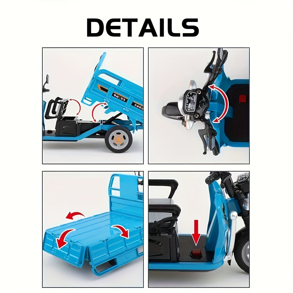 1:12 Scale Diecast Tricycle Cargo Truck Model, Metal Construction, with Sound & Light Features, Collectible Toy Vehicle with Storage Seat,