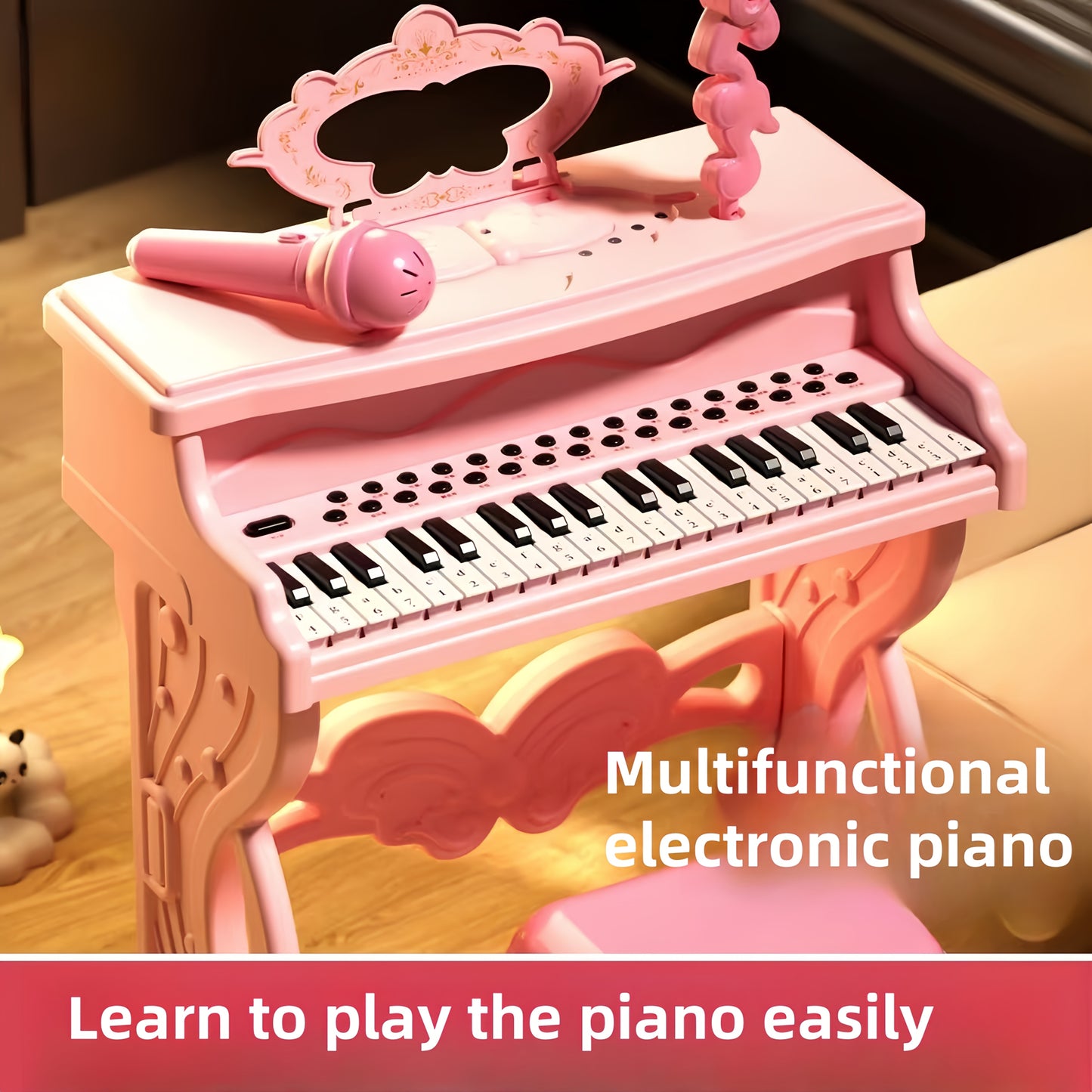 1pc Pink Electronic Piano for Youngsters, Multifunctional Musical Instrument with Microphone, Battery Powered ABS Material, Ideal Gift for Boys and Girls