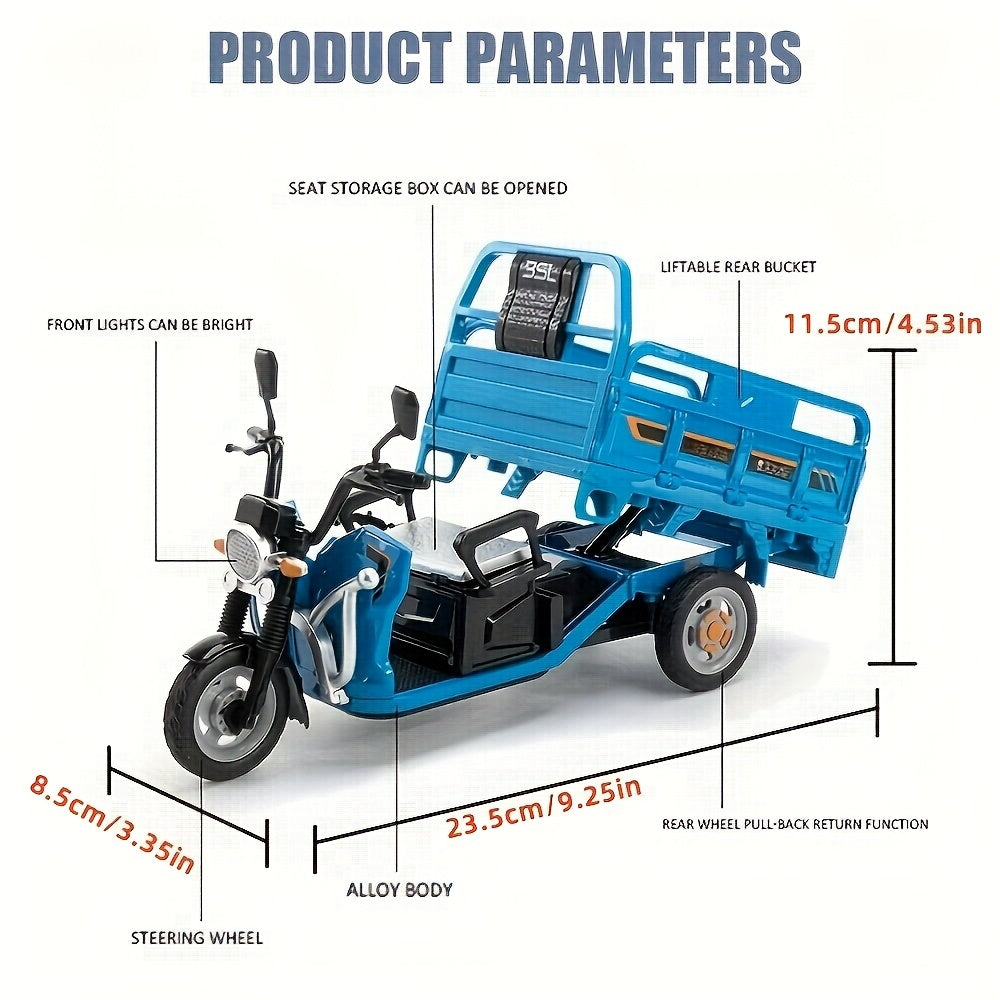 1:12 Scale Diecast Tricycle Cargo Truck Model, Metal Construction, with Sound & Light Features, Collectible Toy Vehicle with Storage Seat,