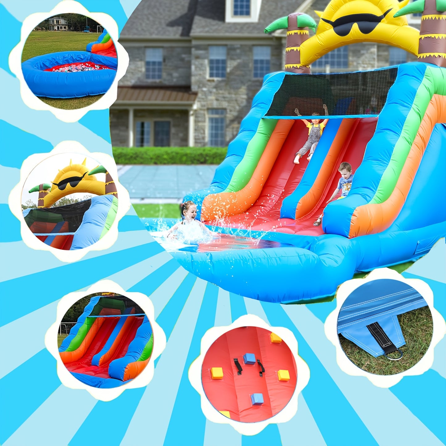 Summer Fun Inflatable Water Silde For Kids Adults, Double Slide With Big Sprinkler Pool, Climbing Wall