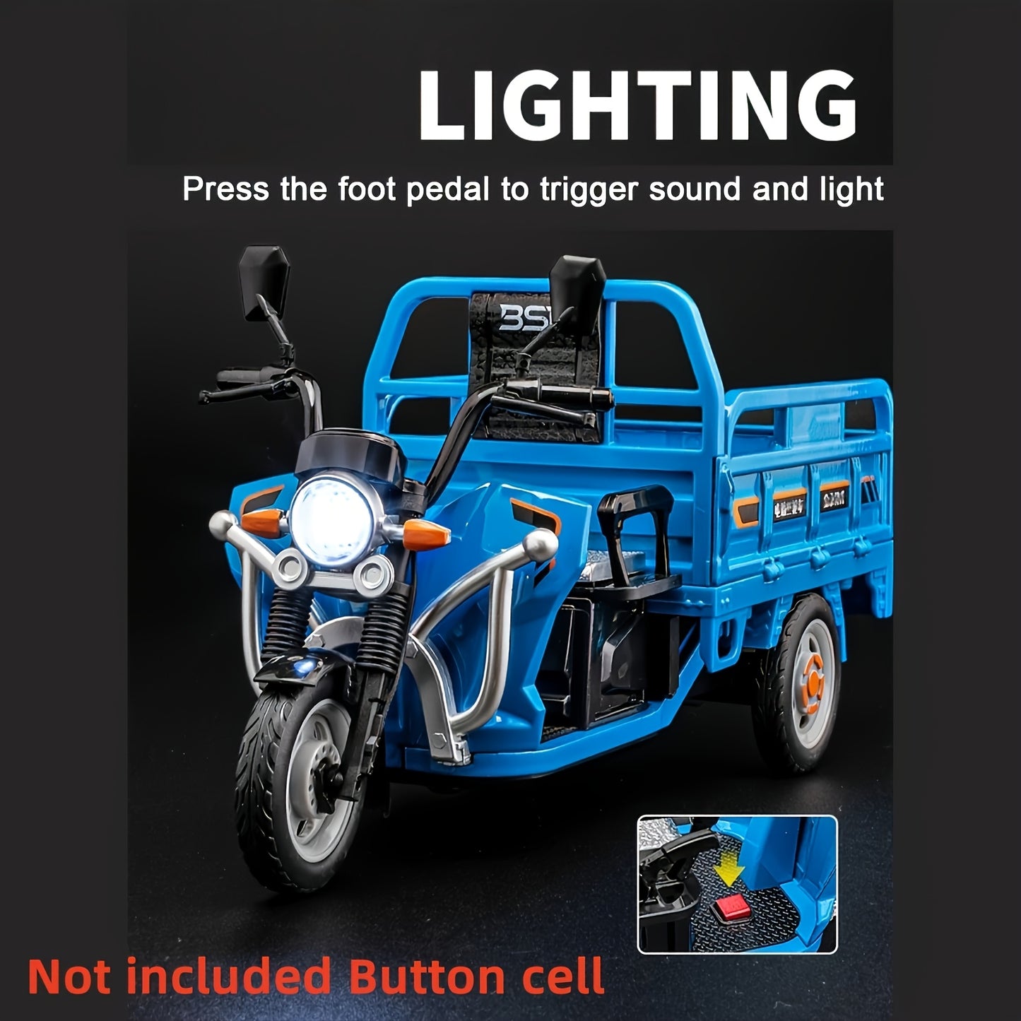 1:12 Scale Diecast Tricycle Cargo Truck Model, Metal Construction, with Sound & Light Features, Collectible Toy Vehicle with Storage Seat,