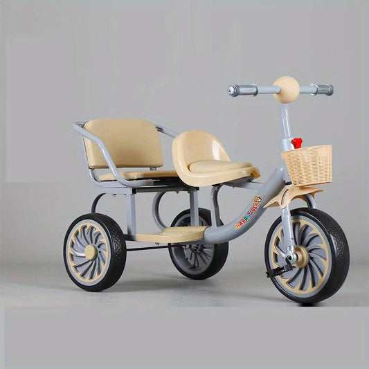 Children's Double Tricycle with Passenger Seat and Storage Basket, Non-Slip Pedal Bike for