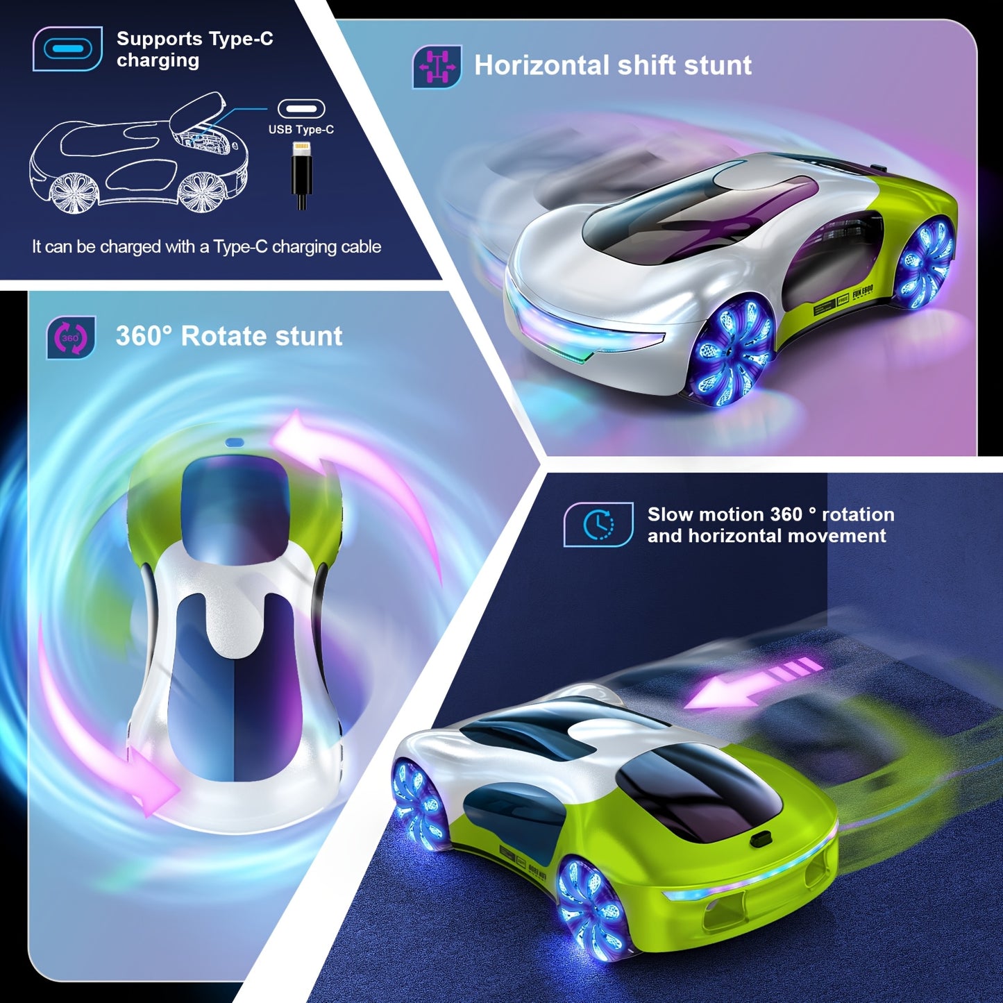 2.4GHz Wireless Gesture Control Drift Car with LED Lights & Music, 360° Rotating & Lateral Drift, USB Rechargeable Battery-Powered Remote Control Toy Car for Boys &