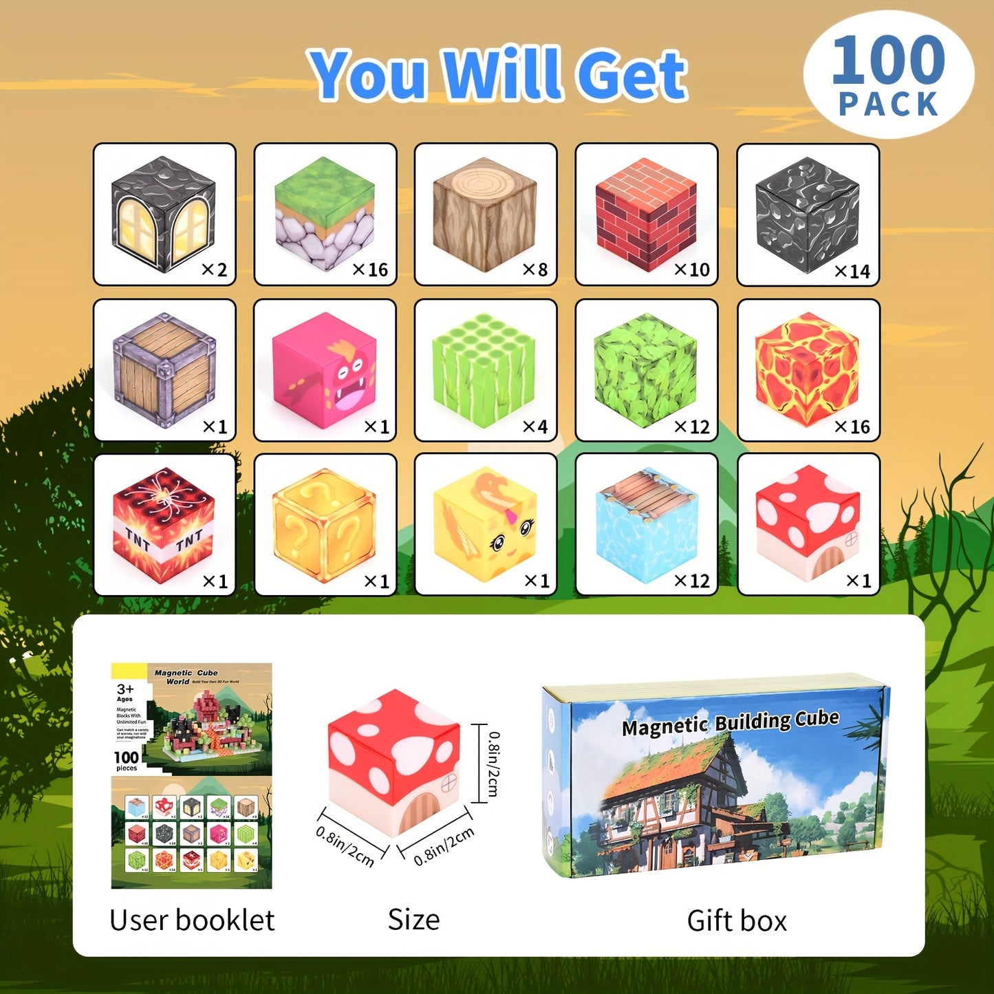 100pcs Magnetic Blocks 100pcs Magnetic Building Blocks - Creative 3D Building Toy, Fantasy Castle House Construction Set | STEM Sensory Puzzle Game