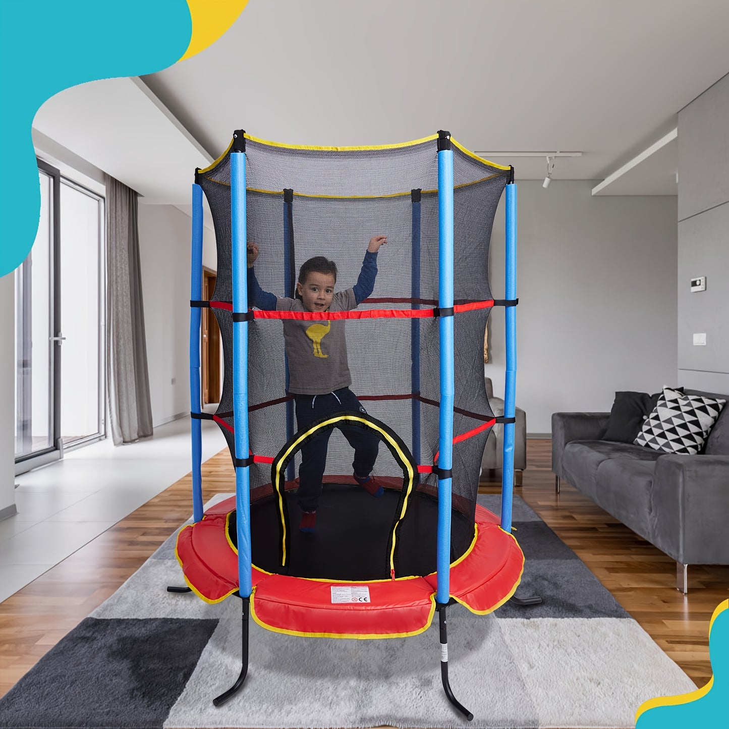 55 Inch Mini Trampoline for Kids with Enclosure - Indoor Trampoline for Toddlers with Protective Net and Safety Pad - Double-Sided Zipper