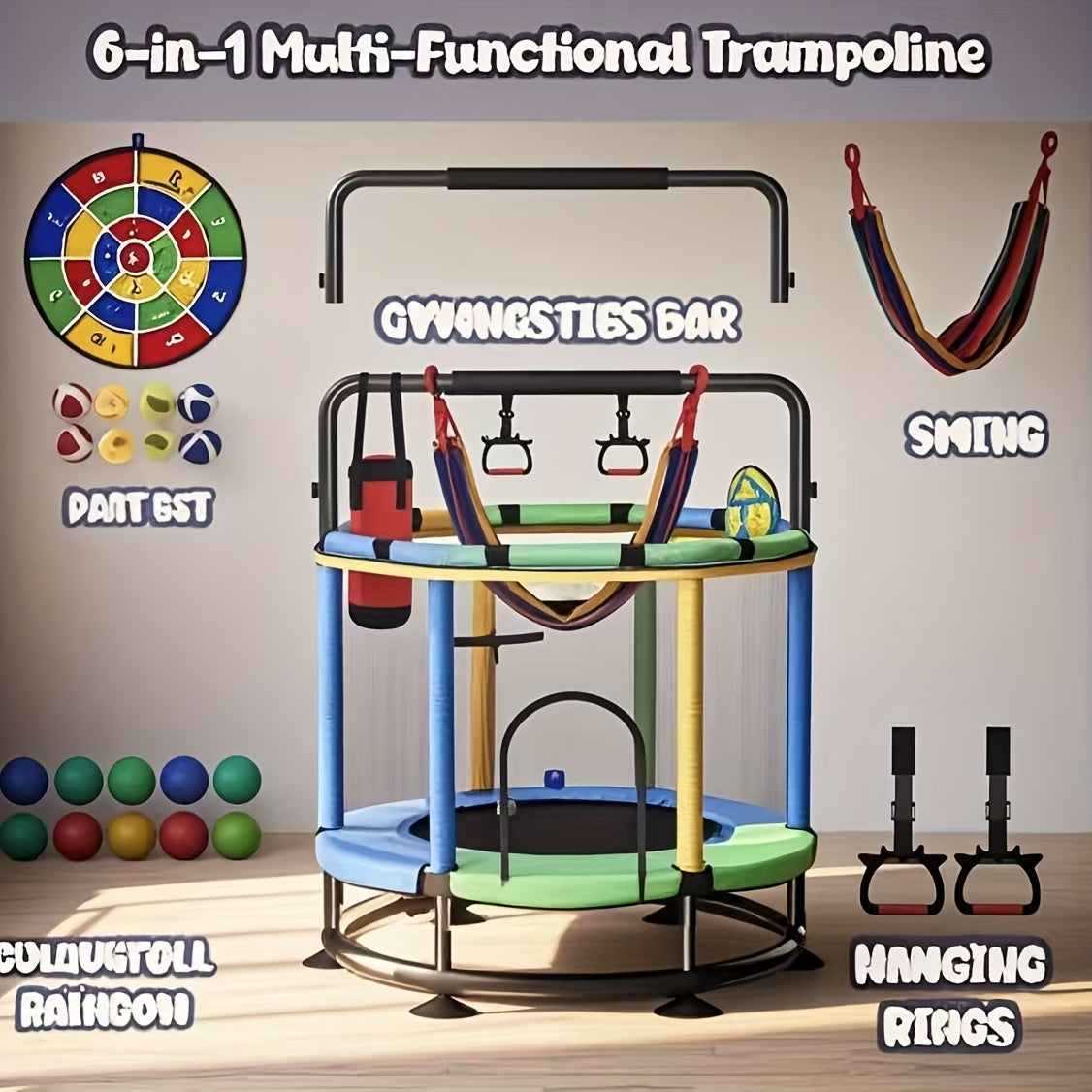 Adjustable 440lbs Capacity Indoor\u002FOutdoor Trampoline with Mesh Backrest and Safety Features, Stainless Steel Frame - Ideal for Sports Activities and Home Use