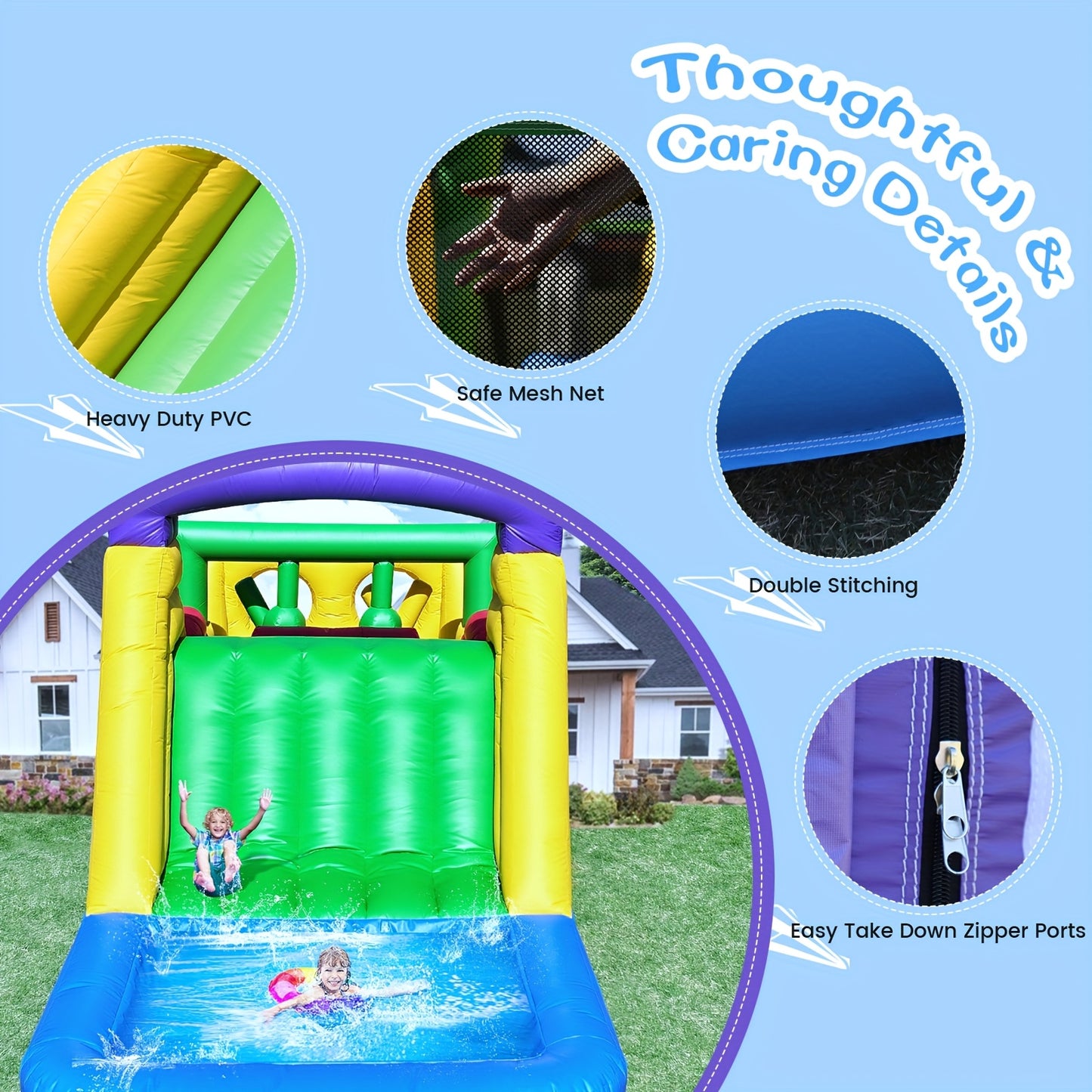 Inflatable Bounce House with 1100W Blower, Colorful Outdoor Play Castle Featuring Dual Crawl Tunnels, Large Slide, Climbing Obstacles, And Jumping Fun for Birthday Parties &